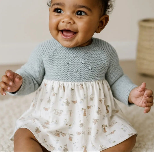 Vestido tricot c/tecido 100% algodão 6/12 meses