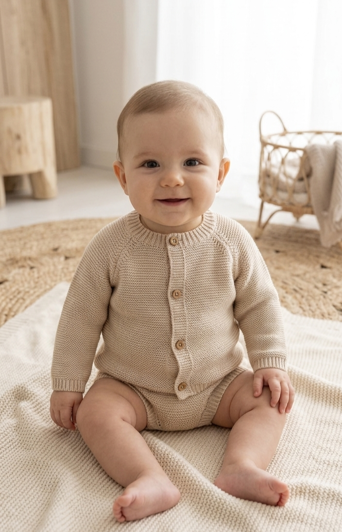 Conjunto casaco + tapa fralda 100% algodão 0-3 meses areia